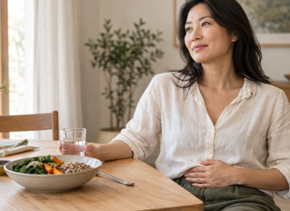 A woman noticing abdominal fullness after a healthy meal