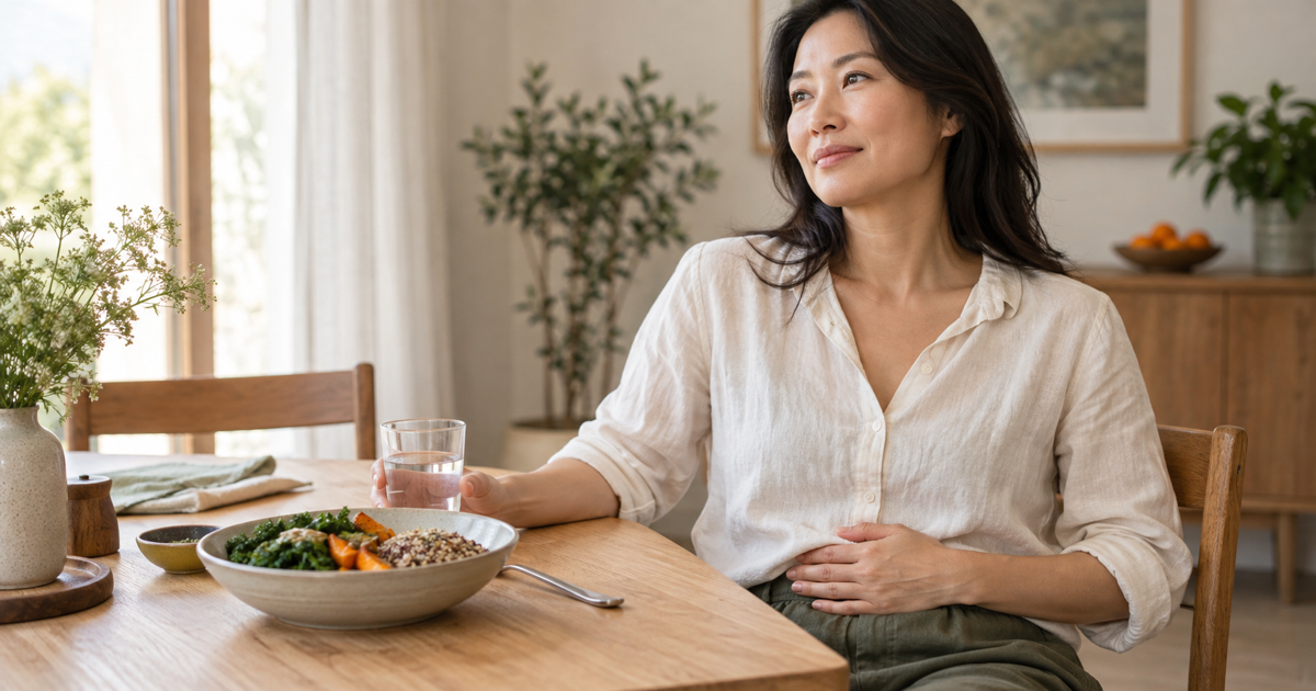 A woman noticing abdominal fullness after a healthy meal