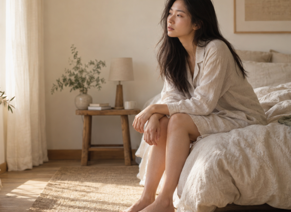 A woman sitting on the edge of a bed in morning light, still feeling tired after sleep