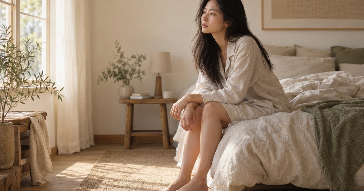 A woman sitting on the edge of a bed in morning light, still feeling tired after sleep