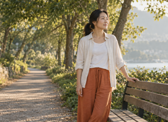 A woman pausing beside a bench on a sunlit path, deciding whether to rest or keep moving