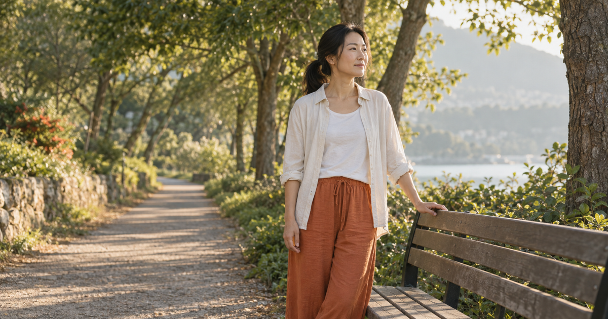A woman pausing beside a bench on a sunlit path, deciding whether to rest or keep moving