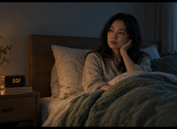 A woman awake in bed beside a clock showing 3am