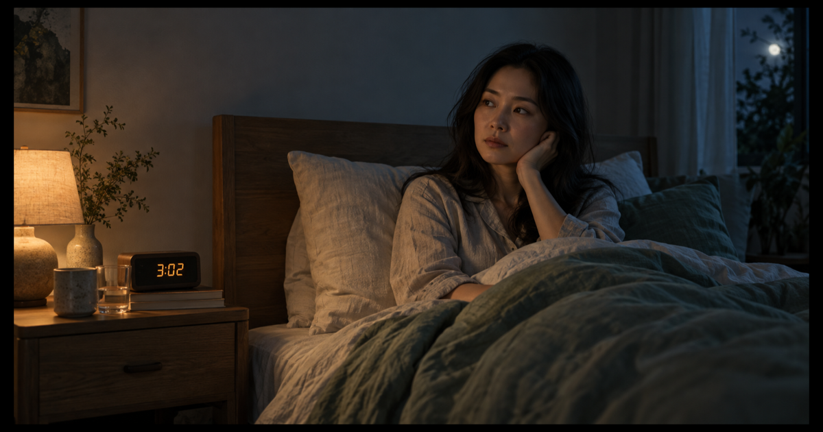 A woman awake in bed beside a clock showing 3am