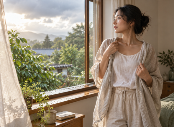 A woman adjusting a light layer beside an open window as the weather changes