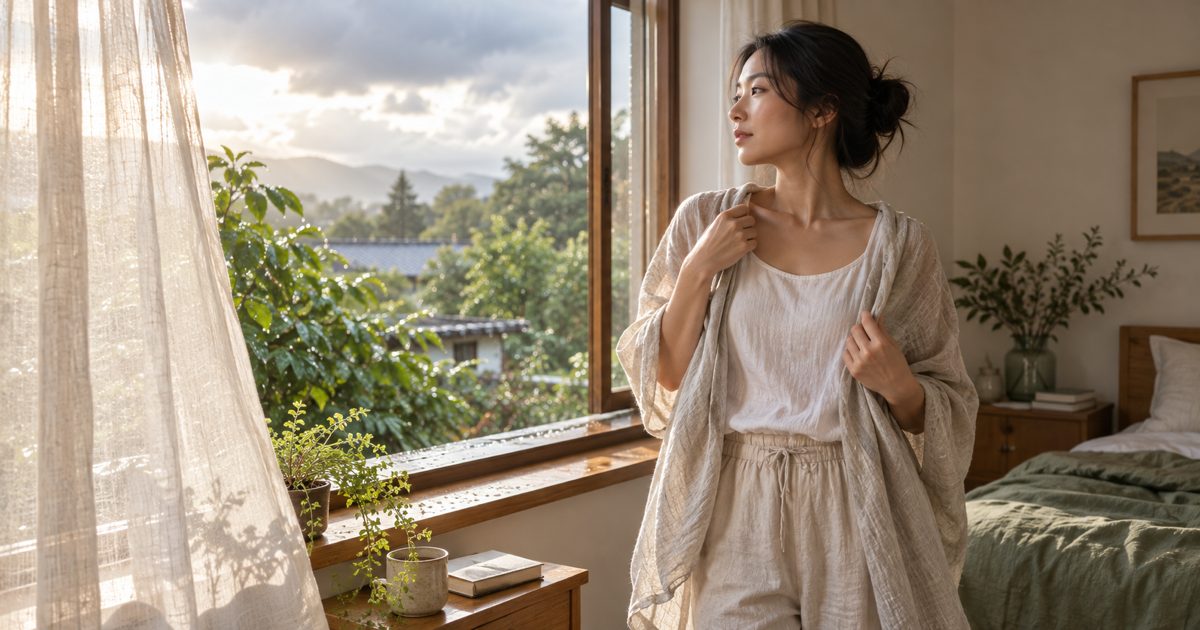 A woman adjusting a light layer beside an open window as the weather changes